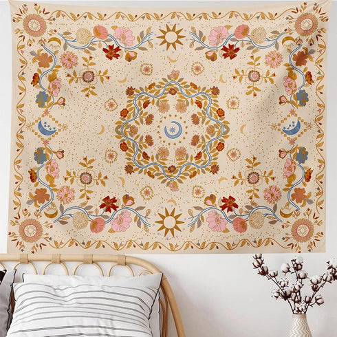 TTYQXZ Wall Tapestry Bohemian - Floral Vine Wall Hanging Celestial Sun Moon and Star Tapestries Hippie Home Decor Boho for Bedroom Aesthetic (Crea...