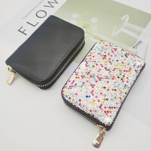 Bling Credit Card Case RFID Leather Wallet Multilayer Zipper Case Rhinestone Credit Card Holder Women's Small Credit Card Wallet (Rainbow)...