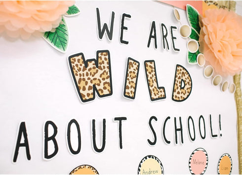 Schoolgirl Style Simply Safari We Are Wild About School Bulletin Board Set, Boho Neutral Classroom Bulletin Board Set, Sweet Leaf & Flower Decor, ...