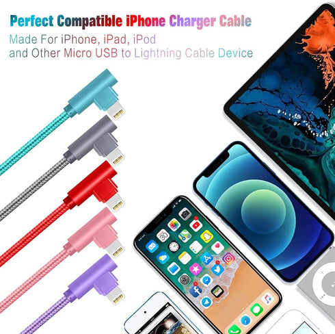 iPhone Charger Cord Right Angle Lightning Cable 6FT 5 Pack 90 Degree Nylon Braid Charging Cord Fast Charging Compatible for iPhone 12/12pro/11/11p...