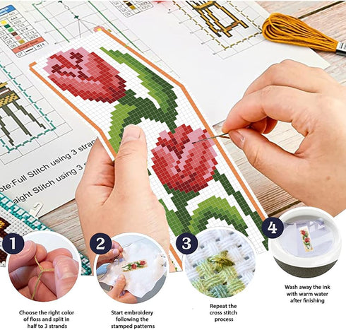 FREEBLOSS 6 Set Bookmark Cross Stitch Kits Stitch Bookmark Cross Stitch Kits with Instructions 6 Flowers Pattern Punch Needle Kit for Beginners Bo...