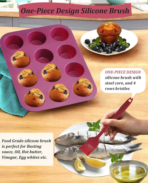 Silicone Mini Muffin Pan, 12-Cup Mini Cupcake Pan with Silicone Pastry Brush for Making Mini Egg Muffin, Keto Diet, BPA Free, Dark Red...