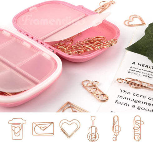 Framendino, 30 Pack Rose Gold Cute Assorted Sizes Shapes Small Paper Clips Index Card Binder Clip with Fun Storage Box for School Office Home Wedd...