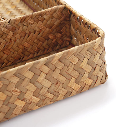 Seagrass Storage Basket with Compartments Utensil Tray for Organization Silverware Flatware Rectangular Shelf Baskets with 4 Sections Natural...