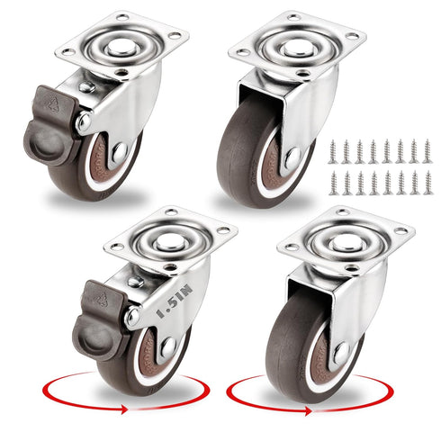 1.5 Inch Caster Wheels for Small Furniture Heavy Duty Casters, Rubber 360º Swivel Casters Set of 4 (2 with Brakes&2 Without), Locking Plate Caster...