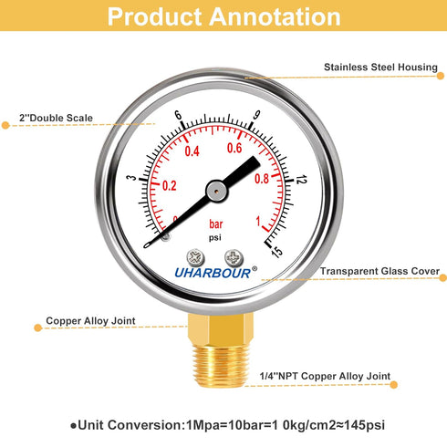 Lead-Free Water Pressure Gauge Liquid Filled 0-15Psi 2" Dial, Stainless Steel Case, 1/4" NPT Lower Mount, Water Pressure Gauge for Home...