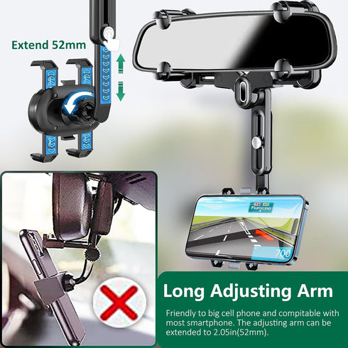 Rearview Mirror Phone Holder for Car, 360° Rotating Rear View Mount with Adjustable Arm Length, Upgraded Four Corners Fixed Anti-Shake Multifuncti...