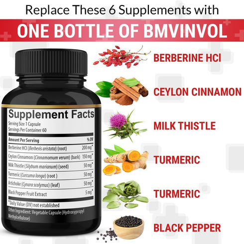 Berberine Supplement with Ceylon Cinnamon, Turmeric, Artichoke, Milk Thistle - Berberine HCl Supplement Pills - 60 Capsules...