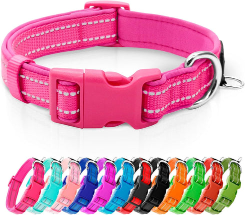 azuza Reflective Dog Collar,Soft Neoprene Padded Pet Collar with ID Tag Ring,Adjustable for Large Dogs,Hot Pink,L...