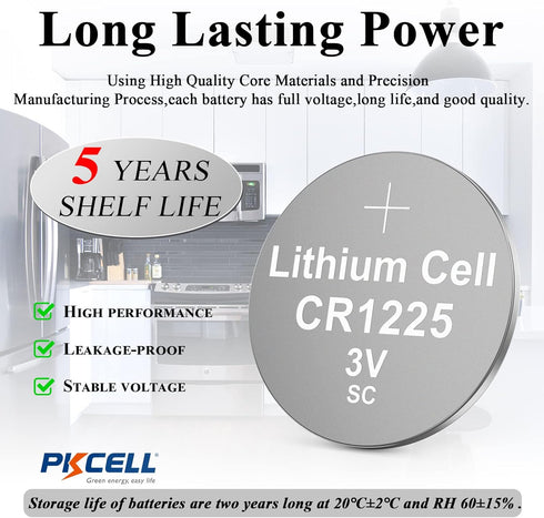 PKCELL CR1225 3V Lithium Battery CR 1225 3V Button Batteries for Thermometer 5-Year Shelf Life (5 Counts)...