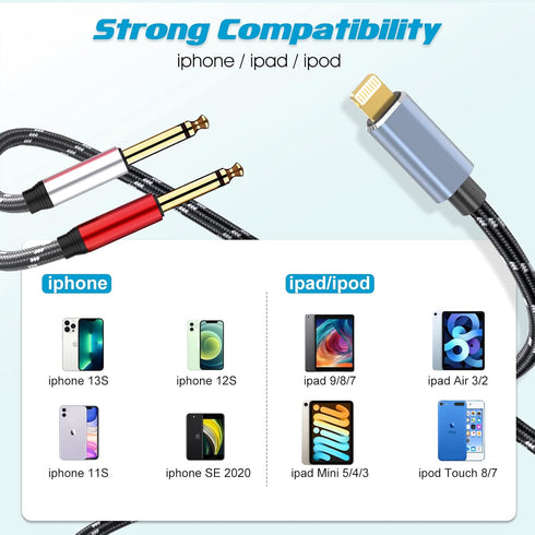 Lightning to Dual 6.35mm 1/4" TS Mono Stereo Y-Cable Splitter Lightning to Dual 1/4 inch Audio Cable Compatible for iPhone12/11/X/XS/XR/8/7/iPad,A...