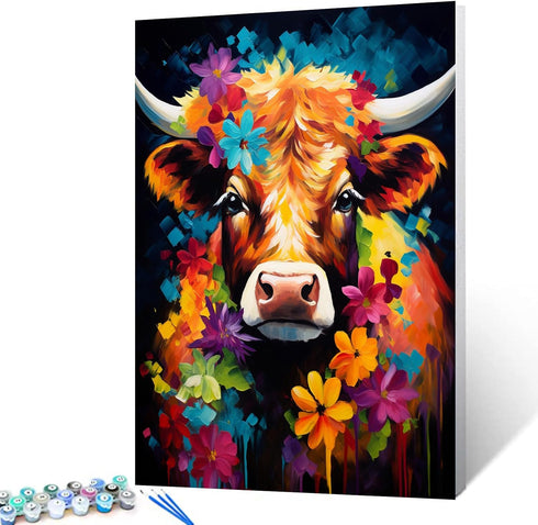Tucocoo Alpine Cattle Paint by Numbers Kits 16x20 inch Canvas DIY Oil Painting for Adults with Brushes and Acrylic Pigment-Abstract Flowers Cow An...