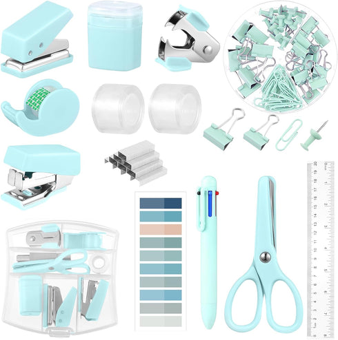 Mini Office Supplies, Turquoise Green School Supplies with Sticky Notes,Mini Stapler,Tape Dispenser,Hole Punch,Staple Remover,Staples,Clips,Scisso...