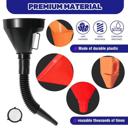 8Pcs Universal Plastic Funnel Set Contains Flexible Hose Oil Funnel with Wide Mouth Oil Funnel for Cars Motorcycles Engine Gas Oils Water Diesel F...