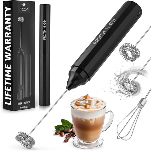 Zulay Froth N Go Milk Frother Rechargeable - 3-in-1 Frother Wand With Case & USB-C Charger - Comes With 3 Whisk Attachments for Latte, Cappuccino,...