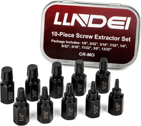 LLNDEI Screw Extractor Set, Hex Head Easy Out Bolt Extractor Set 10 Pieces, Multi-Spline Ez Out Stripped Extractor (1/8”-13/32”) CR-MO, Stripped F...
