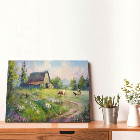 Highland Cow at Old Barn Farm Landscape Canvas Framed Wall Art Wall Decor Farmhouse Country Flower Floral House Prints Painting Picture Artwork fo...