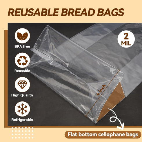 Bread Bags for Homemade - Clear Cellophane Bags Plastic Treat Bags with Ties for Airtight Storage of Baked Goods?50PACK,8x8x14in)...