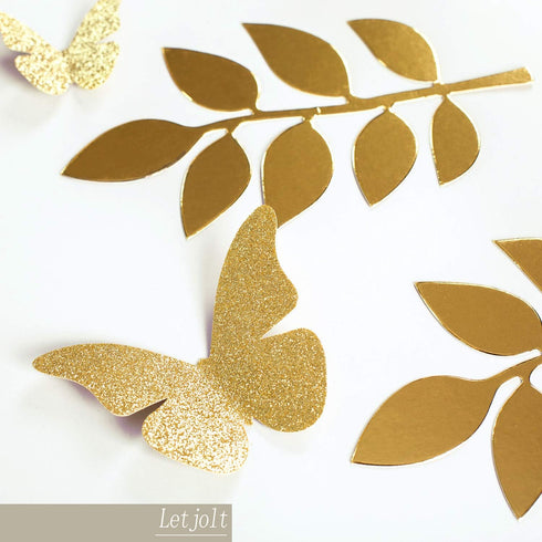 Paper Leaves Set Decor Flower Golden Decorations for Decals Family Tree Photo Wall Crafts Leaf Glitter Butterfly Baby Shower Backdrop Nursery 16pc...