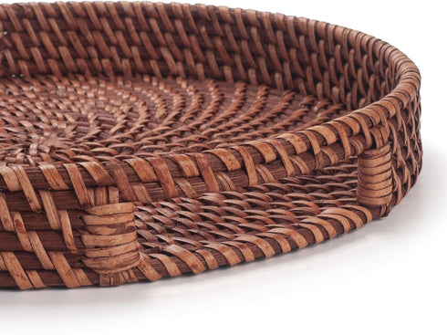11 inch Rattan Tray, Round Wicker Tray with Cut-Out Handles, Woven Serving Tray for Dining / Coffee Table...