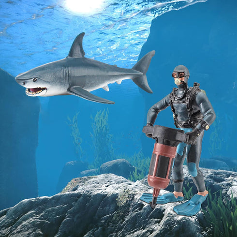Ocean Sea Marine Animal Figure Toys Playsets 2 PCS Diver Blue Shark Model Toy Desktop Decoration Collection Party Favors Toys for Boys Girls Kids...