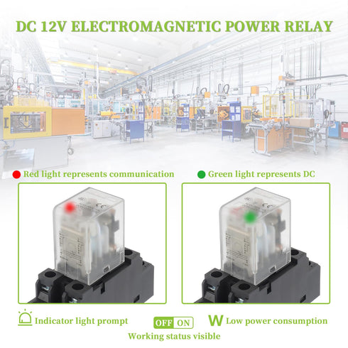 AC 12V Electromagnetic Power Relay HH52P JQX-13FL 62PL Coil 8 Pin 10A DPDT LED Indicator with Plug-in Terminal Socket and DIN Slotted aluminum Rai...