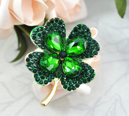 Gyn&Joy Green Crystal Lucky Four-Leaf Clover Shamrock Brooch Pin...