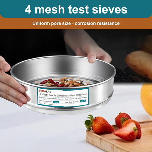 304 Stainless Steel Mesh Lab Sieve, 4(4.75mm) Mesh Aperture Test Sieve, 7.9Inch(20cm) Diameter Analysis Sample Test Sieves for Industrial Laborato...