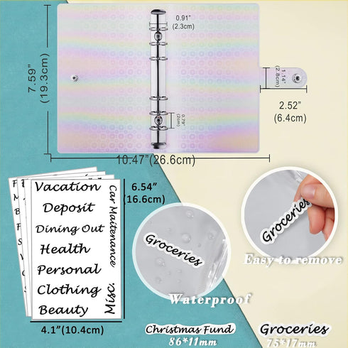 A6 PVC Money Organizer, 6-Ring Budget Planner kit with Cash envelopes, Budget Refill Inserts, Cash Pockets, Matched Stickers and Labels, 7.4"x 5.7...