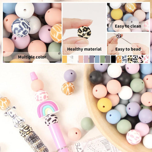 ZIFTY Silicone Beads, 180Pcs 15mm Round, 15 Styles Loose Rubber Pop Beads for Keychain Making, Jewelry, Art, Crafts, DIY (Leopard)...