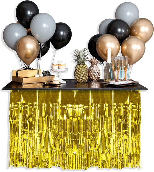 2 Pack Metallic Foil Fringe Table Skirt Tinsel Party Table Skirt Banner for Parade Floats Mardi Gras Party Decoration?L108 inH 29in? (Gold, 2pack)...