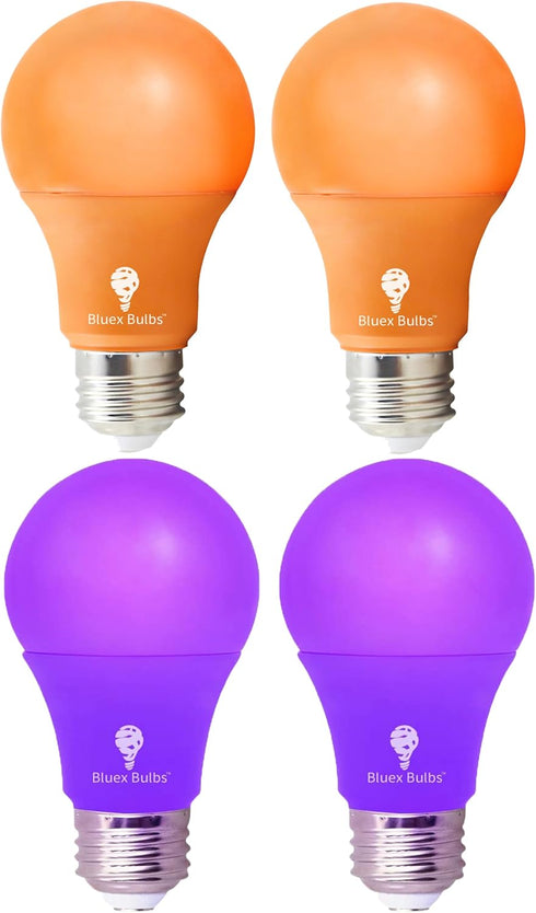 4 Pack A19 LED Purple Light Bulb LED Orange Light Bulb 120V E26 Base 9 Watt (60-watt Replacement) Purple Bulb Orange Bulb, Party Decoration, Porch...