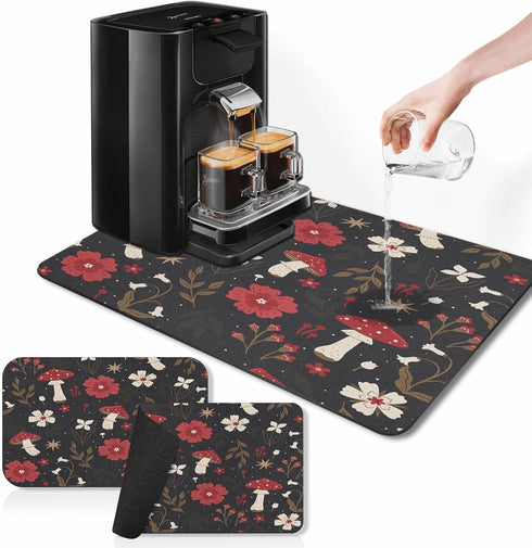 Coffee Mat for Countertops, Mushroom Red Floral Black Dish Drying Mat 2 Pcs for Kitchen Coffee Bar Accessories, Fit Under Coffee Maker Espresso Ma...