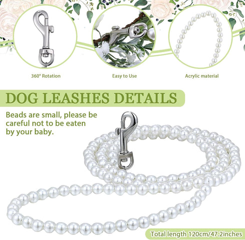 2 Pcs Dog Flower Collar Wedding and Leash Set Pearls for Dogs 120 cm 4 ft Pearls Beaded Dog Leash Dog Collar Bows for Wedding Adjustable for Mediu...