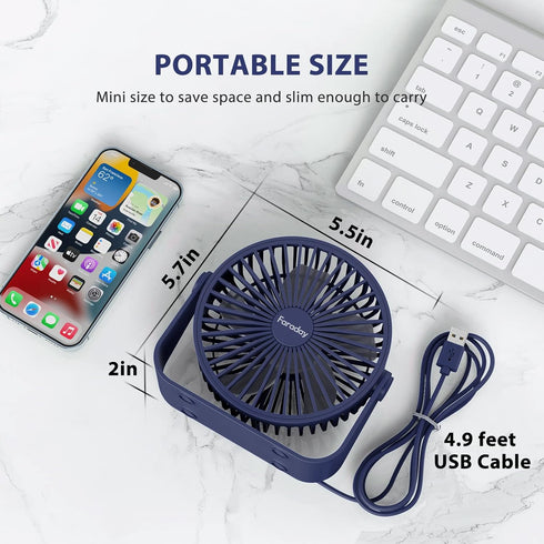FARADAY USB Desk Fans 5 Inches Portable Table Fans 360° Head Rotation Small Personal Desktop Fan for Home Office, 3 Speeds, Navy Blue...