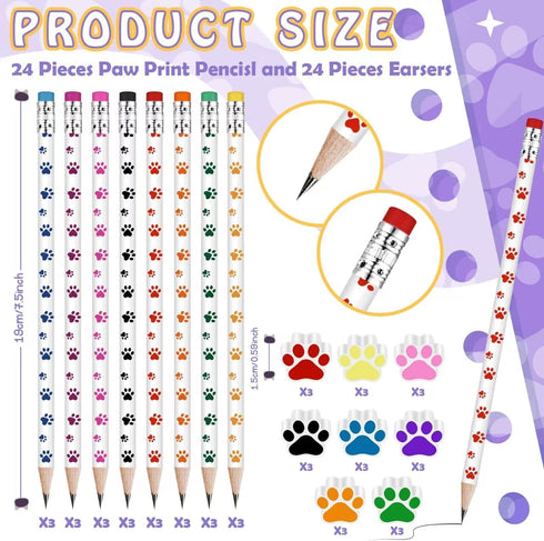 48 Pcs Paw Print Pencil Eraser Sets Colorful Wooden Pencils with Paw Eraser for Kids Dog Themed Birthday Party Favors Welcome Back to School Favor...