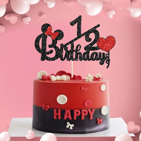Happy 1/2 Birthday Cake Topper, Black and Red Glitter Mouse Theme Baby Shower Sign, Carton Theme Cake Decoration, 6 Months Birthday Party Supplies...