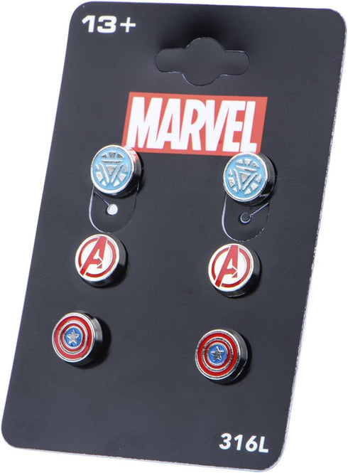 Officially Licensed Marvel Comics Stainless Steel Women's Avenger Logo Pack Round Stud Hypoallergenic Earrings, Unisex...