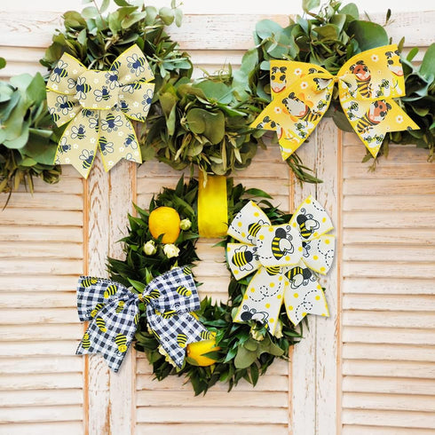 Bee Ribbon Bee Wired Edge Ribbons, Bumble Honey Bee Gnome Dot Yellow Wreath Ribbon Summer Teachers' Day Easter Sewing DIY Craft Bee Fabric Burlap ...