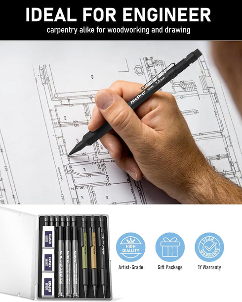 Nicpro 3 PCS 1.3 mm Mechanical Pencil Set 3 Colors with 36 Lead Refill, 3 Eraser - Weatherproof Metal MP2000 Heavy Duty Carpenter Pencil for Outdo...