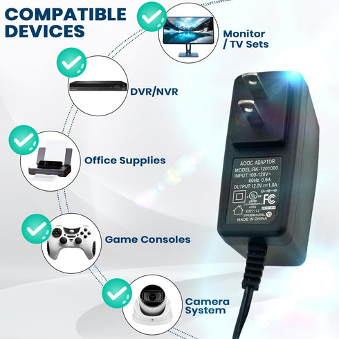 12V AC/DC Adapter Charger 120 Volts (AC), Compatible with 2.0/3.0 Data modems, Routers, Webcams,CCTV Cameras, LED Strip Lights, Bluetooth Speakers...