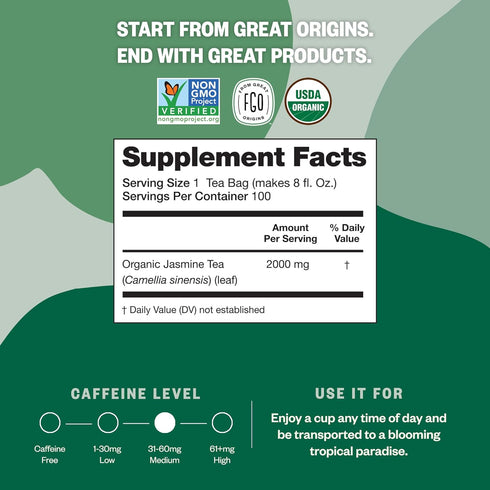 FGO Organic Jasmine Green Tea, 100 Count, Eco-Conscious Tea Bags, Resealable Bag, Packaging May Vary (Pack of 1)...