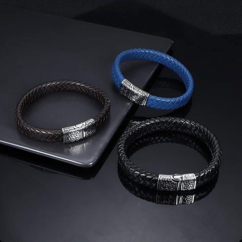 FIBO STEEL Stainless Steel Braided Leather Bracelet Cuff Bracelet for Men 7.5-8.5 inches...