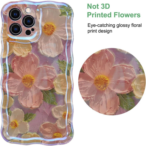 Jusy Oil Painting Flower Compatible with iPhone 11 Pro Max Case, Colorful Retro Floral Cute Curly Wave Frame Women Girls Cover for Apple 11 Pro Ma...