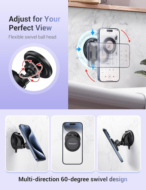 PROfezzion Multi-Surface Suction Mount Compatible with MagSafe iPhone 15 14 13 12 & All Phones, Detachable Hands-Free Phone Holder for Mirror, Gla...