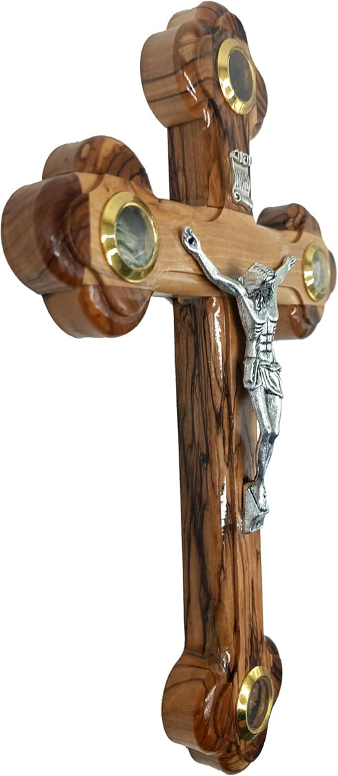 Zuluf 10.6" Olive Wood Wall Crucifix Catholic Hanging Cross with Relics Holy Essences Orthodox Holy Land Gift CRS033...