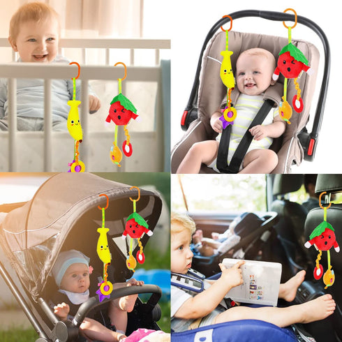 2PCS Soft Plush Hanging Stroller Toys with Teether and Rattles,Newborn Stroller Car Seat Crib Toys Colorful Fruits Sensory Early Development Toy f...