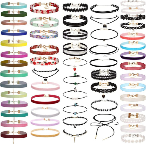 K&Q 60 PCS Choker Necklace, Classic Stretch Colorful Gothic Collar Tattoo Choker Necklace AndBlack Layered Cute Lace Velvet Choker Necklace Set fo...