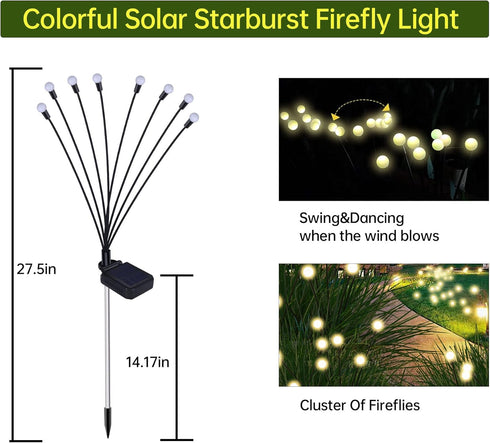 2 Pack Solar Garden Lights,Firefly Solar Powered Outdoor Waterproof Light,8 LEDs Solar Garden Decorative Light Pathway Patio Yard Lights,White, 2p...