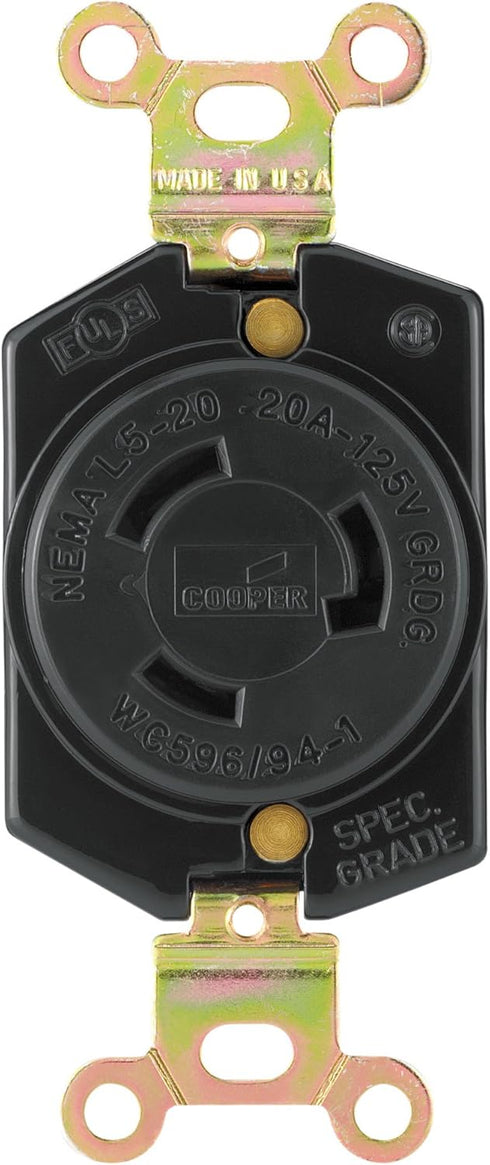 EATON Wiring L520R 20-Amp 125-Volt Hart-Lock Industrial Grade Receptacle with Safety Grip Black and White...